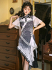 Style chinois Lolita Gris Manches Courtes Volants Polyester Lolita Robe Une Pièce