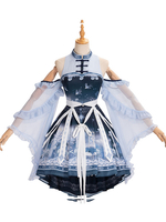 Style chinois Lolita JSK robe bleu profond sans manches volants jupes plissées Lolita pull