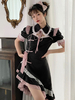 Style Chinois Lolita OP Robe Noir Manches Courtes Dentelle Volants Lolita Une Pièce