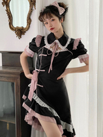 Style Chinois Lolita OP Robe Noir Manches Courtes Dentelle Volants Lolita Une Pièce