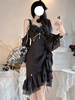 Style Chinois Lolita Robe Arcs Manches Longues Polyester Style Chinois Jacquard Noir Style Chinois Lolita