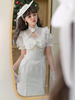 Style Chinois Lolita Robe Côté Drapé Manches Courtes Polyester Style Chinois Jacquard Blanc Style Chinois Lolita