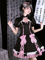 Style Chinois Lolita Robe Manches Courtes Polyester Style Chinois Noir Style Chinois Lolita
