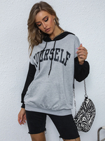 Sweat à Capuche Femme Imprimé Mots avec Manches Longues Amples Bicolores