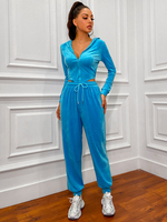 Sweat à Capuche Femmes en Velours à Col V avec Manches Longues Unicolore Sexy