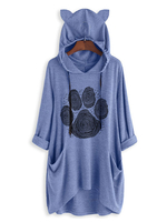 Sweat à capuche pour Femme Bleu 3/4 Longueur Manches Imprimé Cat Ear Sweat à capuche