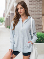 Sweat À Capuche Pour Femme Gris Boutons À Poche Polyester Décontracté Sport
