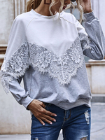 Sweat À Capuche Pour Femme Gris Manches Longues Color Block Dentelle Polyester Sweat À Capuche