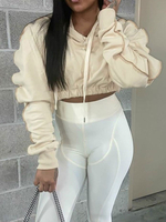 Sweat à Capuche Taille Haute avec Manches Longues Amples Haut Sexy Femme Unicolore