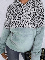 Sweat à Capuche Teddy Femme Imprimé Léopard Court avec Manches Longues avec Poches Bicolores Sweat Femme