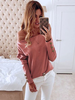 Sweat Femme avec Les Manches Longues à Epaules Nus Décoration avec Les Boutons Unicolore en Coton Sweat à Capuche Femme