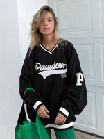 Sweat Femme Imprimé Mots à Col V avec Manches Longues Bicolores