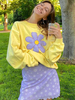 Sweat Femme Jaune Col Bijou Manches Longues Imprimé Floral Passepoil Polyester Sweat