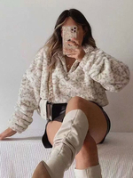 Sweat Femmes Hiver Teddy Imprimé Léopard à Fausse Fourrure Synthétique Tailles Hautes à Col Montant à Zip Bas Elastique