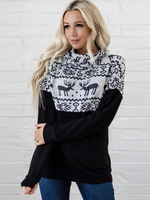 Sweat Noël Femme Imprimé avec Manches Longues à Col Montant Bicolores