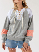 Sweat-shirt femme gris à manches longues avec cordon de serrage en coton