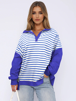 Sweat-shirt imprimé à rayures épaules tombantes col rabattu bicolore hauts de printemps pour femmes 2025