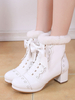 Sweet Lolita Boots Bow Frill Furry Chunky Heel White Chaussures Lolita
