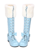 Sweet Lolita Bottes en fausse fourrure Lace Up Bow Chunky talon bleu Lolita cuisse hautes bottes Déguisements Halloween