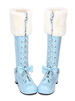 Sweet Lolita Bottes en fausse fourrure Lace Up Bow Chunky talon bleu Lolita cuisse hautes bottes Déguisements Halloween