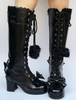 Sweet Lolita bottes noir genou haut talon Chunky lacets plate-forme Bow coeur Lolita bottes montantes avec bille floue Déguisements Halloween
