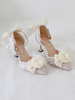Sweet Lolita Bride Cheville Talon Ecru Fleurs Blanches Perles Dentelle Nubuck Talon Aiguille Chaussures Lolita