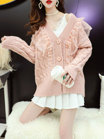 Sweet Lolita Cardigans en Mailles Côtelés à Col V avec Volantes en Dentelles Manches Longues Fermeture avec Boutons Unicolore Doux