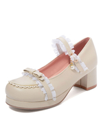 Sweet Lolita Chaussures Lace Pearl Bow Round Toe Synthétique Leather Lolita Pumps Déguisements Halloween