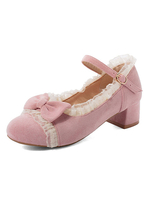 Sweet Lolita Chaussures Pink Bow Lace Micro Suede Upper Puppy Heel Lolita Escarpins Déguisements Halloween