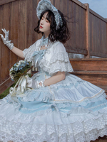 Sweet Lolita Dress 2-Piece Set Baby Blue Polyester Sans Manches Tea Party Dentelle Lolita Jumper Jupes Tenues