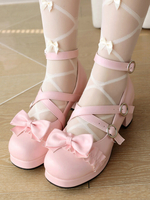 Sweet Lolita Footwear - Escarpins Lolita à talons épais en cuir PU avec nœuds roses