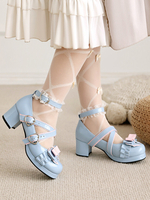 Sweet Lolita Footwear - Escarpins Lolita en cuir PU à bout rond et nœuds bleu ciel clair