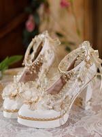 Sweet Lolita Footwear Ecru Blanc Nœuds Fleurs Dentelle PU Cuir Chunky Talon Escarpins Lolita