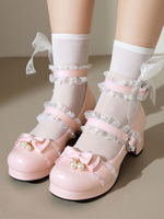 Sweet Lolita Footwear Escarpins Lolita en cuir PU à bout rond avec nœuds roses