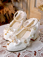 Sweet Lolita Footwear Perles blanches Chaînes Nœuds Bout pointu Escarpins Lolita en cuir PU