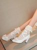 Sweet Lolita Footwear White Bows Synthétique Leather Prism Heel Lolita Shoes Déguisements Halloween