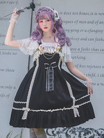 Sweet Lolita JSK Dress Fairytale Infanta Sans Manches Bowknot Dentelle Noir Lolita Pull Jupes
