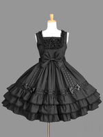 Sweet Lolita JSK Robe à lacets à volants en coton noir Lolita Jumper Jupe Déguisements Halloween