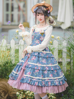 Sweet Lolita JSK Robe Coton Sans Manches Volants Motif Floral Imprimé Jupe Lolita Bleue