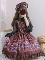 Sweet Lolita JSK Robe Mascarade Imprimé Arcs Volants Jupes Jumper Lolita Bordeaux Déguisements Halloween