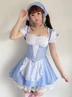 Sweet Lolita OP Dress Baby Blue Lace Up Plaid Ruffle Maid Lolita One Piece Dresses