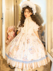 Sweet Lolita OP Dress Ensemble 3 pièces Polyester Manches courtes à lacets Arcs Abricot Lolita One Piece Dress Outfit