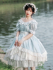 Sweet Lolita OP Dress Polyester Manches courtes à lacets Volants à plusieurs niveaux Robe Lolita bleu ciel clair