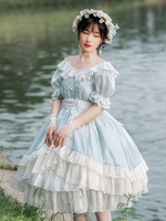 Sweet Lolita OP Dress Polyester Manches courtes à lacets Volants à plusieurs niveaux Robe Lolita bleu ciel clair