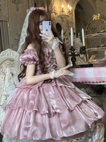 Sweet Lolita OP Dress Polyester Manches Courtes Noeuds Plissés Volants Robe Lolita Rose Une Pièce
