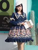 Sweet Lolita OP Robe bleu marine Détails en métal Bowknot Polyester Lolita One Piece Robes Lolita Jumpskirt