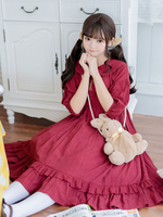 Sweet Lolita Op robe coton demi manches de manches volants bordeaux décontractés lolita robe