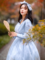 Sweet Lolita Op Robe Plissée Nets Lumière Sky Bleu Manches Longues Lolita One Pieces Robes