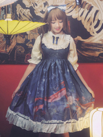 Sweet Lolita OP robe Seabed ciel étoilé à volants Bow Deep Lolita bleu robe une pièce Déguisements Halloween