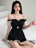 Sweet Lolita Outfits - Combinaison noire à manches courtes et volants à pois